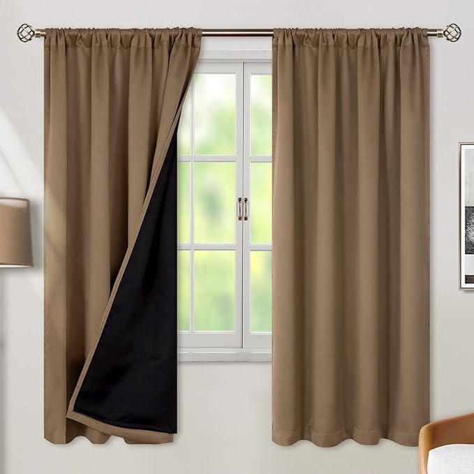 BGment 100% Room Darkening Thermal Insulated Blackout Curtains 72 Inches Long with Liner, Rod Pocket and Back Tab Double Layer Noise Cancelling Curtains for Bedroom (42 x 72 Inch, 2 Panels, Taupe)