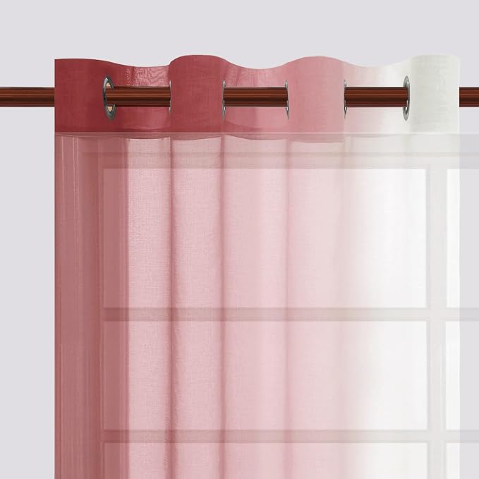 DWCN Ombre Faux Linen Sheer Curtains - Semi Voile Gradient Grommet Top Curtains for Bedroom and Living Room, 52 x 96 Inches Long, Set of 2 Window Curtain Panels, Burgundy