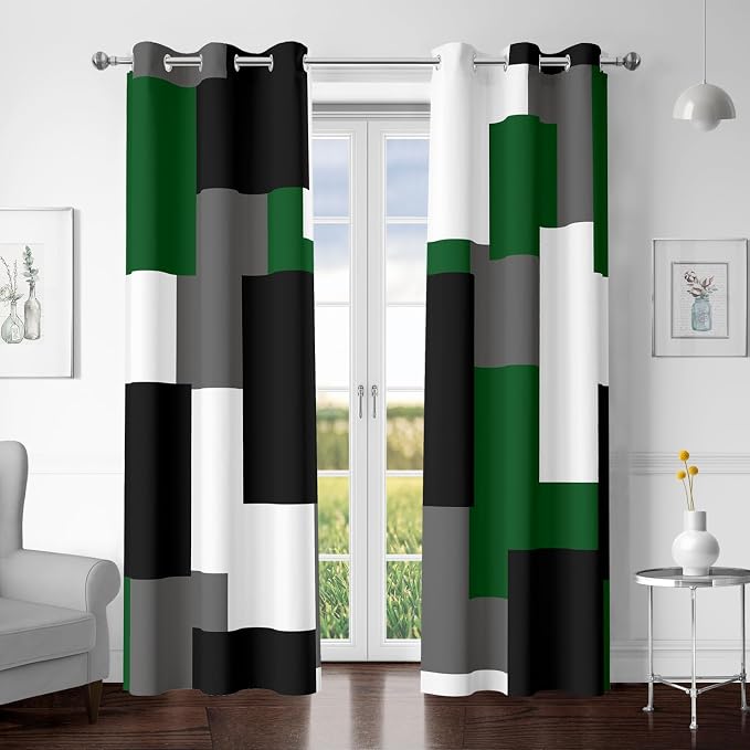 Tyrot Green 100% Blackout Curtains for Bedroom 72 inch Length 2 Panels Set White Grey Modern Abstract Geometric Black Out Curtains Insulated Room Darkening Window Drapes for Living Room, 42Wx72L