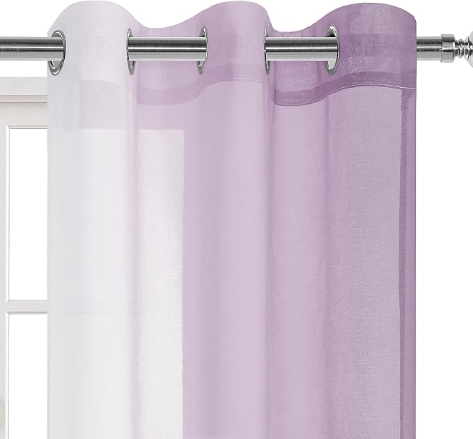 DWCN Faux Linen Ombre Short Sheer Curtains - 63 inch Length Gradient Semi Voile Curtains for Bedroom and Living Room, Set of 2 Grommet Top Window Curtain Panels, 42 x 63 Inches Long, Lavender
