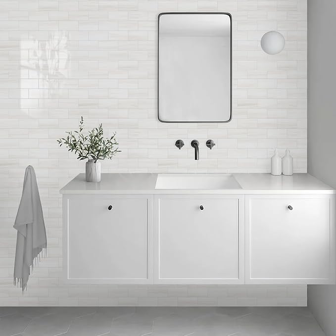 Vamos Tile 100-Piece Glossy Dolomite White Peel and Stick Backsplash Tile,3''x6'' PVC Subway Tile with White Grout, Stick on Backsplash for Kitchen/Bathroom/Fireplace