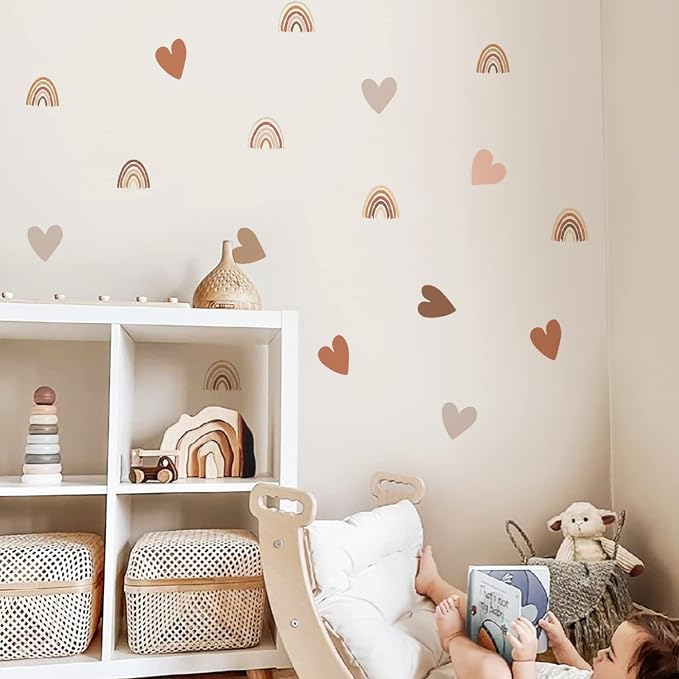 funlife Small Boho Rainbow Wall Decals Peel and Stick, Self Adhesive Colorful Wall Sticker for Girls Bedroom Decor, Boho Hearts Decal for Kids Nursery Room Decoration, Boho Rainbow and Heart