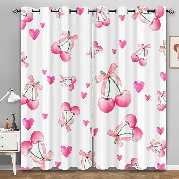 LUVIVIHOME Cute Cherry Blackout Curtains, Pink Heart Bow Curtains for Girls Bedroom Living Room, Aesthetic Bowknot Girly Preppy Coquette Room Decor, Grommet Window Drapes 2 Panel Sets, 52x84 Inch
