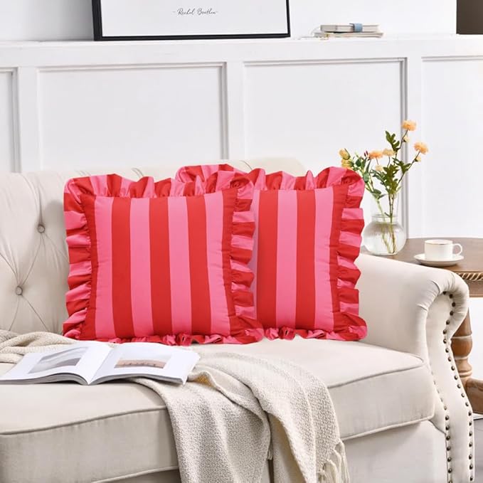 vctops Ruffle Square Throw Pillow Covers Boho Pink and Red Striped Decorative Pillowcases Set of 2, Soft Velvet Accent Cushion Cover Cases for Sofa Bed Living Room Decor (Pink,18"x18")