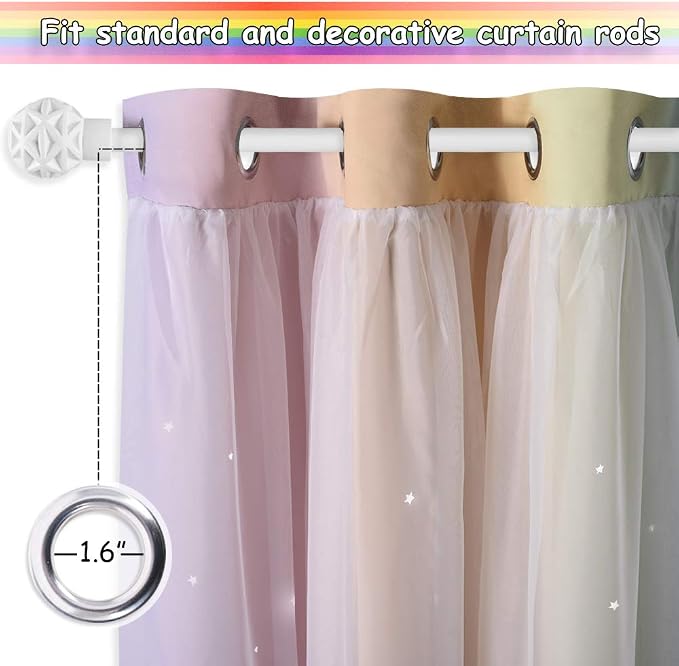 NICETOWN Star Curtains for Girls Bedroom - Double Layer Sheer Overlay for Kids Room Decor Princess Star Hollow Out Rainbow Curtains for Nursery Living Room, 52" W x 90" L, 2 Pieces
