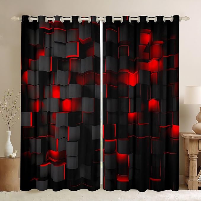 Feelyou Red and Black Darkening Drapes (2 Panels, 38 x 45 Inch) Light Geometric Curtains for Bedroom Living Room Kids Boys Girls Decor Blackout Curtains Modern Window Treatments