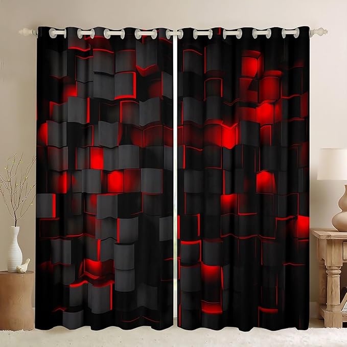 Feelyou Red and Black Darkening Drapes (2 Panels, 52 x 90 Inch) Light Geometric Curtains for Bedroom Living Room Kids Boys Girls Decor Blackout Curtains Modern Window Treatments