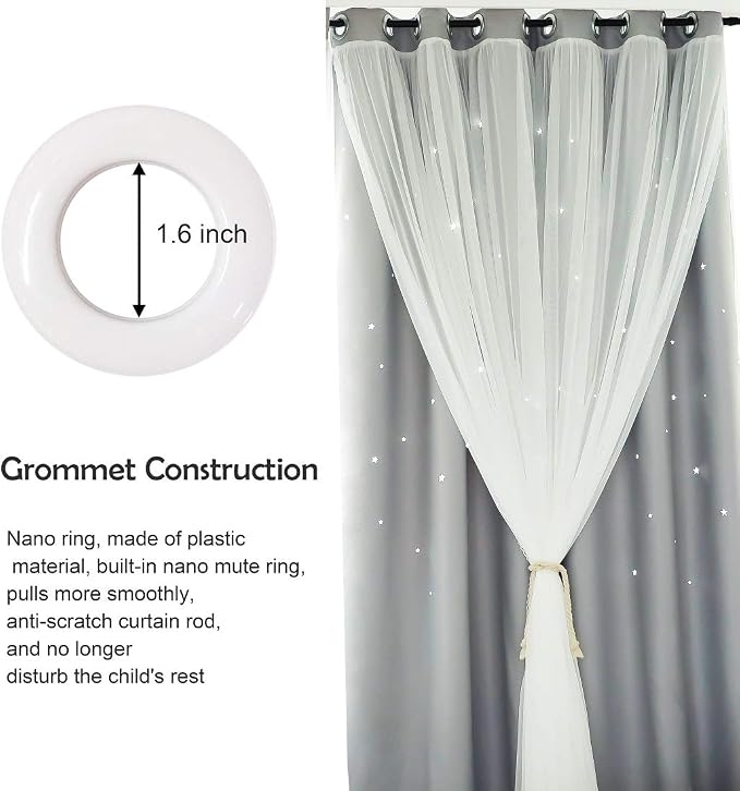 UNISTAR 2 Panels Stars Blackout Curtains for Bedroom Girls Kids Baby Window Curtain Double Layer Star Cut Out Aesthetic Living Room Decor Wall Home Decorations Curtain,W52 x L84 Inches,Grey