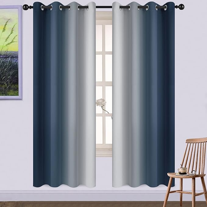 Yakamok Ombre Curtains Navy Blue and Greyish White for Living Room,52Wx72L | Room Darkening Curtains 72,Thermal Insulated Gradient Color Drape,Light Blocking Grommet Window Curtains for Bedroom,2 Panels