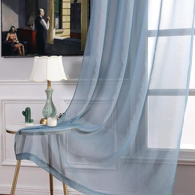 MIULEE 2 Panels Dusty Blue Semi Sheer Window Curtains Elegant Grommet Top Window Voile Drapes/Treatment Linen Textured Panels for Bedroom Living Room (54X63 Inches)