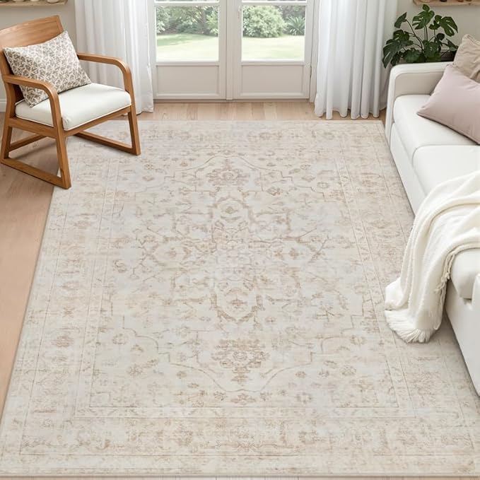 6x9 Area Rugs for Living Room: Vintage Boho Neutral Washable Rug Indoor Soft Large Area Rug Carpet for Bedroom Nursery Farmhouse Dining Room Office Floor Non-Slip Low Pile Under Table Rug Warm Beige