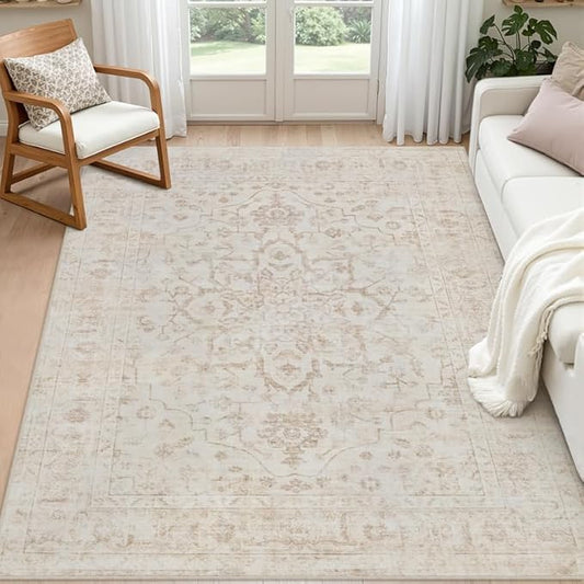 6x9 Area Rugs for Living Room: Vintage Boho Neutral Washable Rug Indoor Soft Large Area Rug Carpet for Bedroom Nursery Farmhouse Dining Room Office Floor Non-Slip Low Pile Under Table Rug Warm Beige