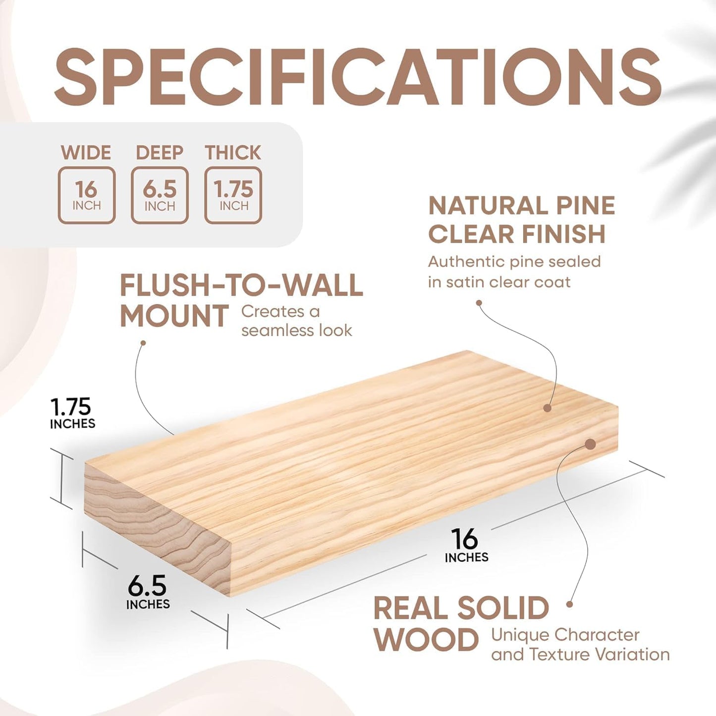 Homeforia 16 inch Natural Floating Shelf, High End Solid Real Wood 16inch Small Floating Shelves for Wall Mounted, Natural Wooden Floating Shelves, Heavy Duty Bracket, 16 X 6.5 X 1.75 in, Set of 4