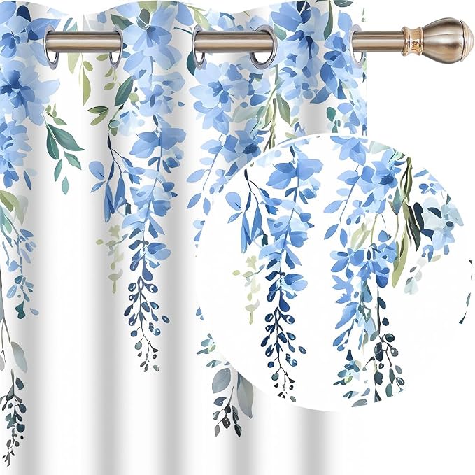 Blue Watercolor Floral Curtains, 52x84 inch, 2 Panels | Botanical Leaves Vine Flowers, Rustic Farmhouse, Blackout Window Treatment, For Bedroom Living Room