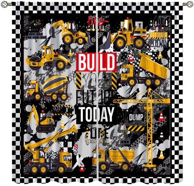 Cartoon Car Blackout Curtain,Boys Kids Construction Vehicles Truck Black White Checkered Window Curtains Kitchen Bedroom Cafe Dining Room Office Living Room Drapes, 63x63 in