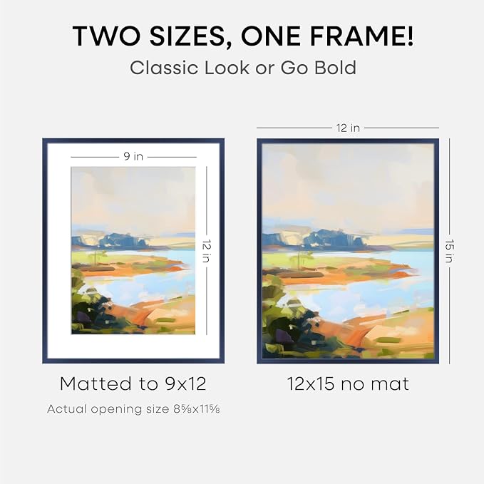 Homeforia 12x15 Navy Blue Picture Frame, High End Metal 12x15 Poster Frames with Mat 9x12 Photo, 12 x 15 Navy Blue Frames Matted to 9 by 12 Print, 15x12 Thin Frames, Tempered Glass, Wall Kit, Set of 1