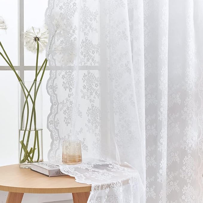 YJ YANJUN Vintage Lace Curtains 63 Inches Length- Elegance Floral White Sheer Curtain Panels for Living Room Bedroom, Rod Pocket Light Filtering, Country Cottage Core Drapes 2 Panels 52W x 63L