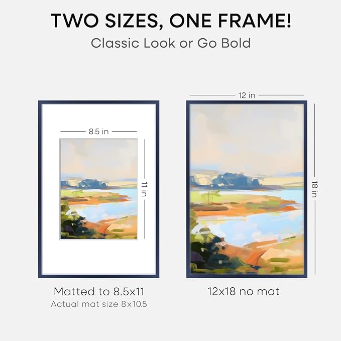 Homeforia 12x18 Picture Frame Navy Blue, High End Metal 12x18 Poster Frames with Mat 8.5x11 in Photo, 12 x 18 Navy Blue Frame Matted to 8.5 by 11 Print, 18x12 Frame, Tempered Glass, Wall Kit, Set of 2