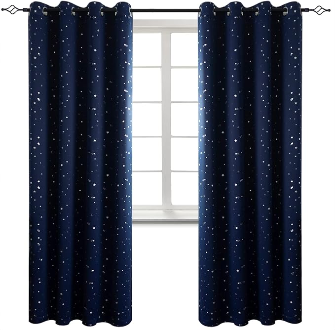 BGment Navy Star Blackout Curtains for Kid's Bedroom - Grommet Thermal Insulated Room Darkening Printed Curtains for Living Room, Set of 2 Panels (55 x 84 Inch, Dark Blue)