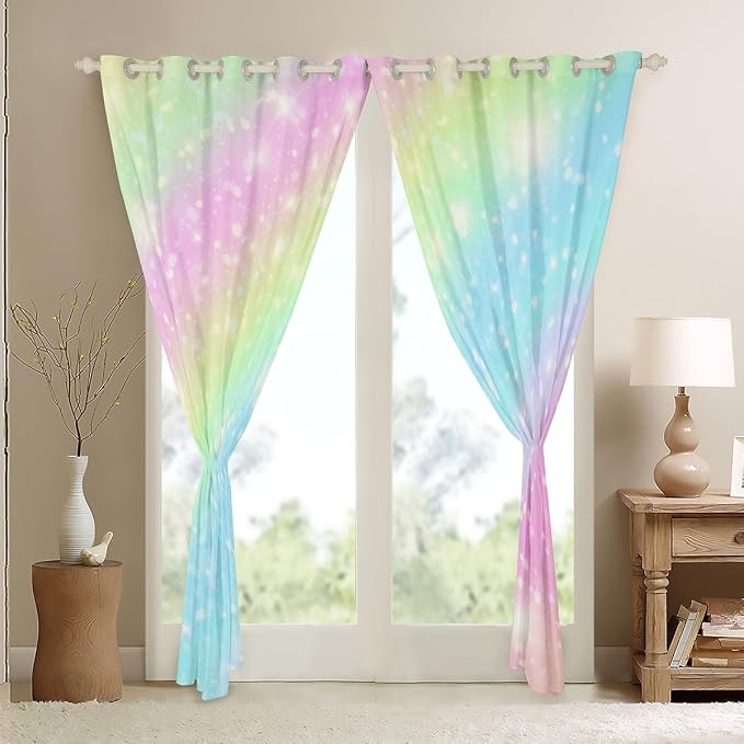Erosebridal Rainbow Window Curtains for Kids Girls Teens Tie Dye Pastel Curtains 52" Wx96 L Golden Glitter Girly Sweet Window Treatments Curtains Abstract Watercolor Art Window Drapes 2 Panel Set