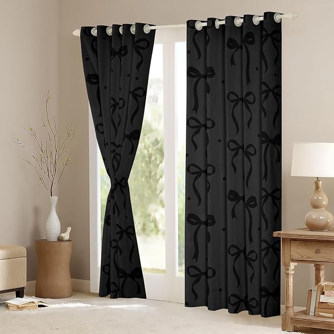 Feelyou Girls Bow Blackout Curtains Black White Bowknot Darkening Drapes for Bedroom Living Room Coquette Aesthetic Thermal Insulated Shades Kawaii Princess Window Treatments, 2 Panels 42 x 63 Inch