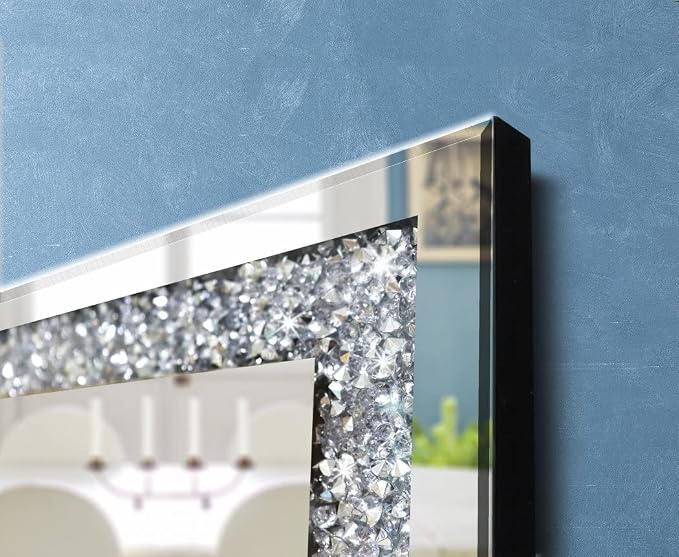 20" Square Crushed Diamond Silver Glass Mirror for Wall Decor | Sparkly Crystal Mirror. High-definition, sturdy wood frame. Perfect glam wall decor for living room, entryway modern home