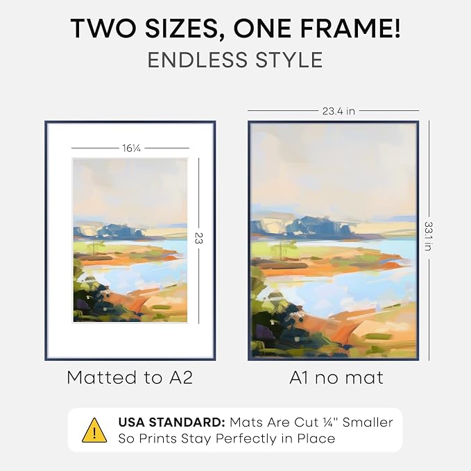 Homeforia A1 Poster Frame Navy Blue, High End Metal A1 Large Picture Frames with Mat A2 Photo, 23.4 x 33.1 Frames Matted to 16.5 x 23.4 Print, 23.4x33.1 Thin Frames, Tempered Glass, Wall Kit, Set of 1