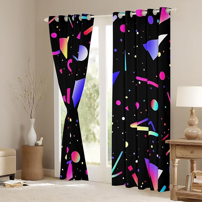 Feelyou 80s 90s Memphis Curtains for Bedroom Memphis Geometric Blackout Curtainsative Retro Fashion Style Darkening Dreapes Colorful Abstract Black Window Treatments (2 Panels, 42 x 63 Inch)