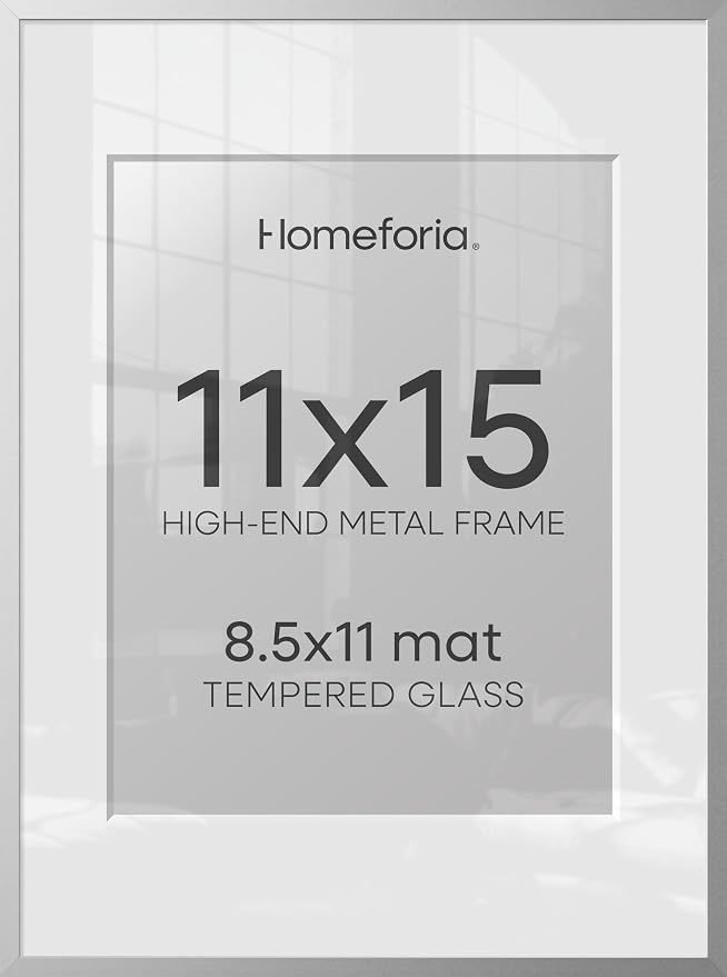 Homeforia 11x15 Picture Frame Silver, High End Metal 11x15 Frames with Mat 8.5x11, 11 x 15 Silver Poster Frames Matted to 8.5 x 11 inch Photo, 11by15 Hanging Frames, Tempered Glass, Wall Kit, Set of 2