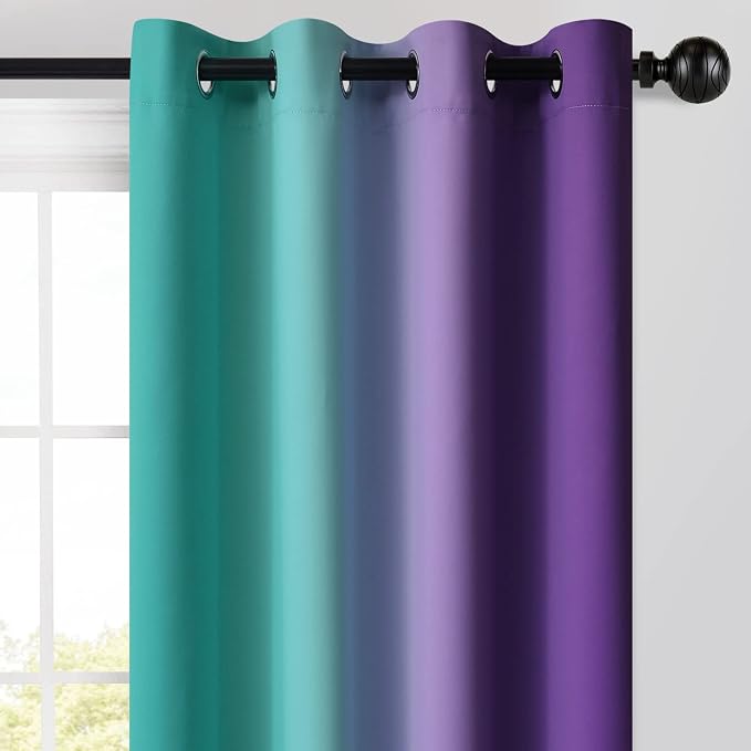 Yakamok Teal and Purple Blackout Curtains, Ombre Full Room Darkening Window Curtains for Living Room,Grommet Thermal Insulated Drapes,Light Blocking Curtains for Girls Bedroom,52x54 Inch, 2 Panels
