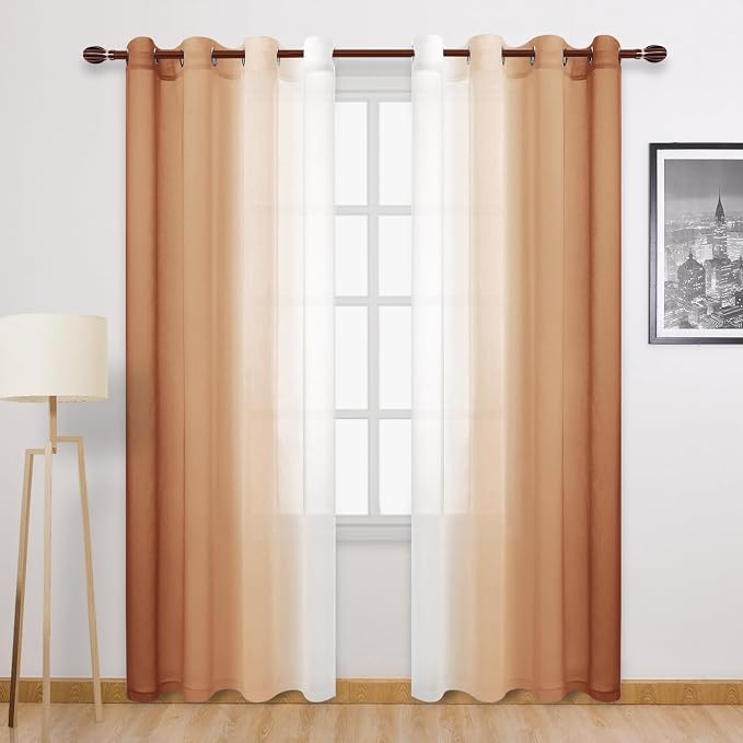 DWCN Ombre Faux Linen Extra Long Sheer Curtains - Semi Voile Gradient Grommet Top Curtains for Bedroom and Living Room, 52 x 102 Inches Long, Set of 2 Window Curtain Panels, Burnt Ochre