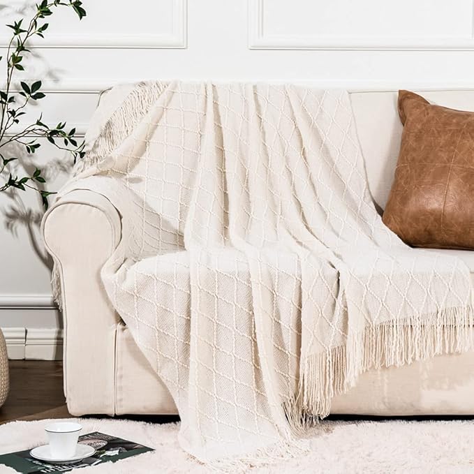 BATTILO HOME Large Cream Throw Blanket with Fringe, End of Bed Throw Blankets White,Spring Throw Blanket for Couch Sofa Indoor Outdoor, 52"x80"