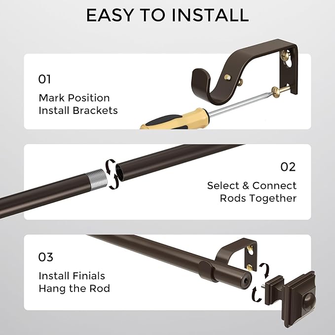 2 Pack Bronze Curtain Rod for Windows 18-45 Inches, 1 Inch Heavy Duty Adjustable Drapery Pole, Modern Window Treatment Rod with Decorative Square Finials, Easy Installation
