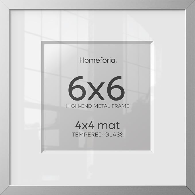 Homeforia 6x6 Silver Picture Frame, High End Metal 6 x 6 Square Frames with Mat 4 by 4 Photo, 6x6 Brass Frame Matted to 4x4 inch Print, 6by6 Wall or Tabletop Frames, Tempered Glass, Wall Kit, Set of 1
