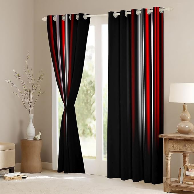 jejeloiu Geometric Strip Lines Curtains Kids (2 Panels, 38 x 45 Inch) Curtainsative Modern Darkening Dreapes Abstract Gradient Style Red Black White Window Treatments Blackout