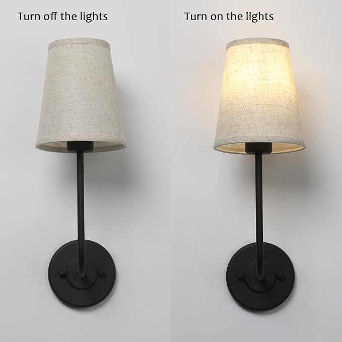 PERMO Rustic Vintage Wall Sconce Set of 2 Single Sconce Light with Flared Funnel Linen Fabric Shade Nightstand Lamps for Bedrooms Bedside Reading Living Room (Matt Black)