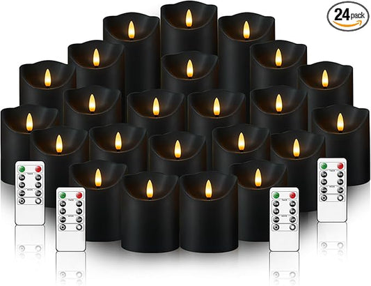kakoya Flameless LED Candles Battery Operated with Remote and Timer,Flickering Electric Fake Plastic Pillar Candles Set of 24(D3 x H 3" 4" 5") Black