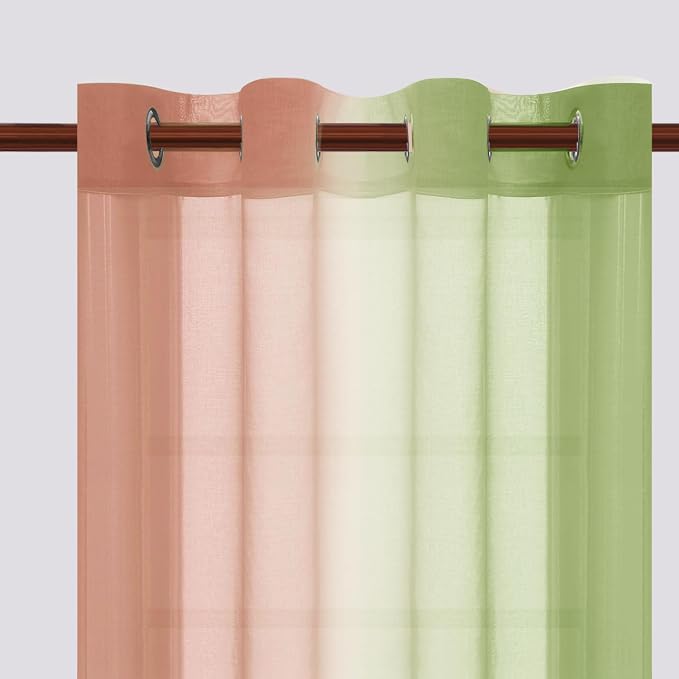 DWCN Ombre Sheer Curtains - Faux Linen Semi Voile Grommet Top Gradient Curtains for Bedroom and Living Room, Set of 2 Window Curtain Panels, 52 x 84 Inch Length（Sage Green and Pink