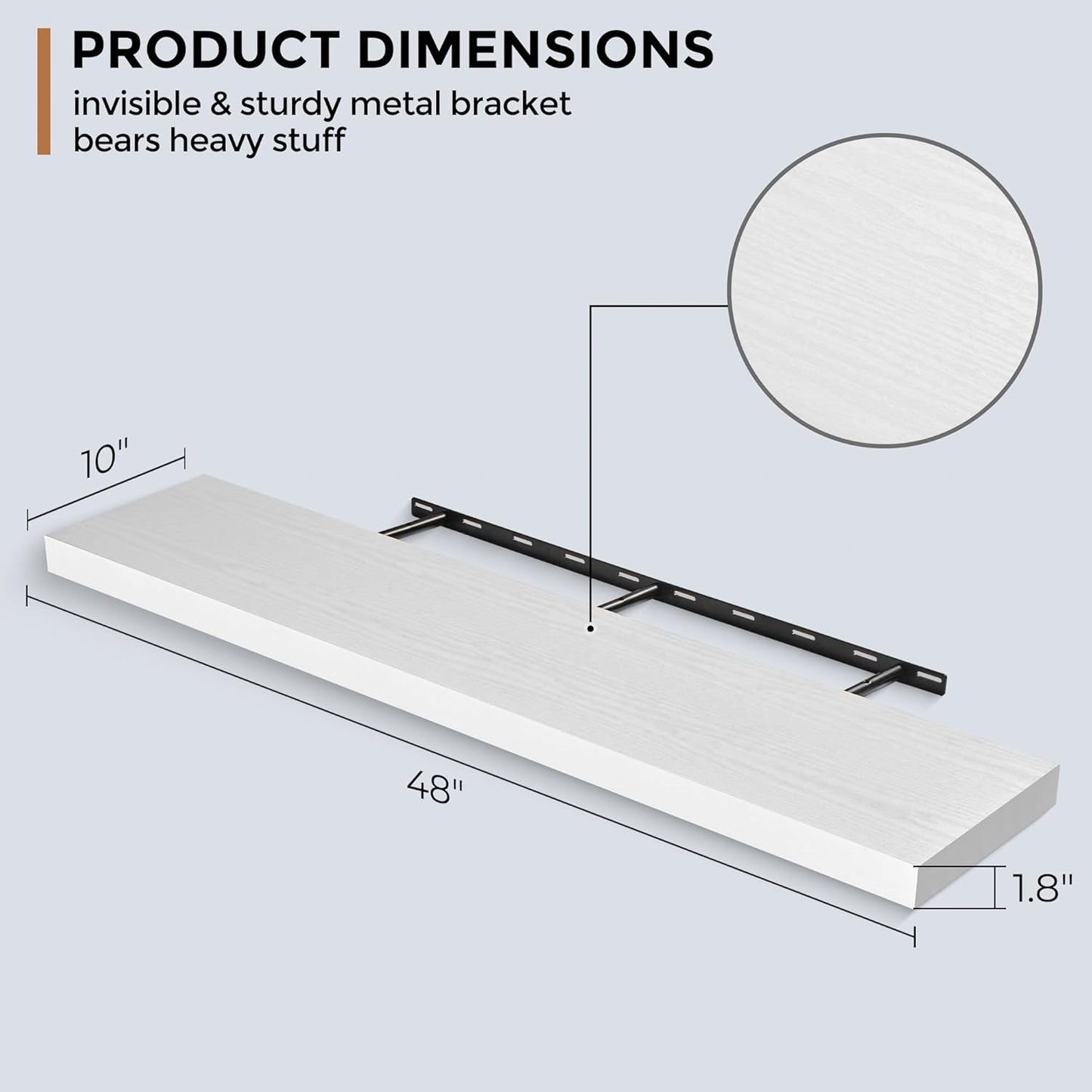 Floating Shelves - 10.3 Inch Deep Wall Shelf for Decor & Storage - Wall Mounted Display Shelving with Invisible Heavy-Duty Metal Bracket - 48" W x 10.3" D x 1.8" H - Set of 1 - Rustic White