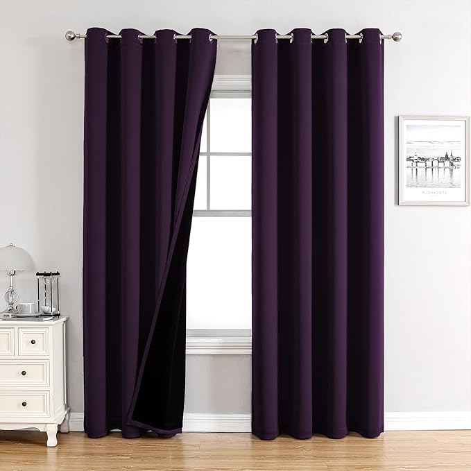 ChrisDowa 100% Blackout Curtains 102 inch Long for Bedroom with Black Liner, 2 Thick Layers Total Blackout Thermal Insulated Grommet Window Curtains 2 Panels Set (Royal Purple, 52 x 102 Inch)