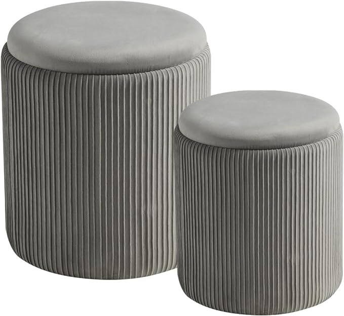 BLEXA Round Set of 2 Ottoman with Storage-Upholstered Velvet Vanity Stool for Makeup Multifunctional Ottomans Coffee Table Padded Seat Foot Rest for Living Room&Bedroom(Ligth Grey)