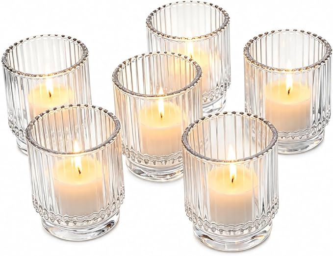 Kate Aspen Vintage Ribbed Red Glass Candle Holders Set of 6 - Votive & Tealight Candle Holder Decor for Holiday Table Decor, Christmas Dining Tablescape, Fall & Boho Home Accents (Clear)