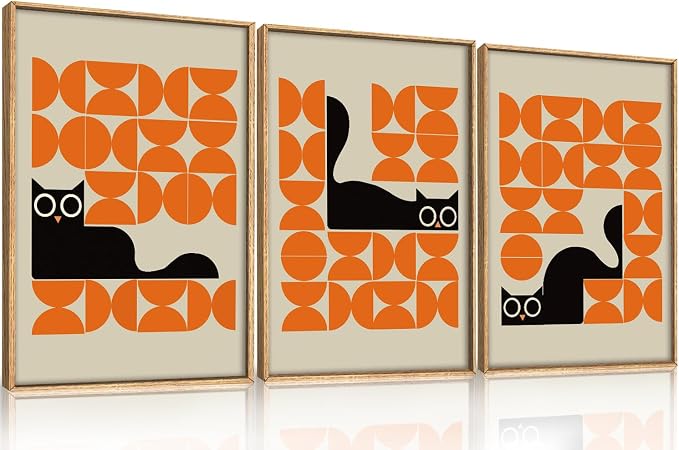 HOURIA Geometric Black Cat Framed Canvas Wall Art Set,Abstract Orange & Cream Wall Decor,Round Eyes Playful Kitten Wall Painting,Modern Animal Prints for Nursery,Living Room,Office - 16"x24"x3