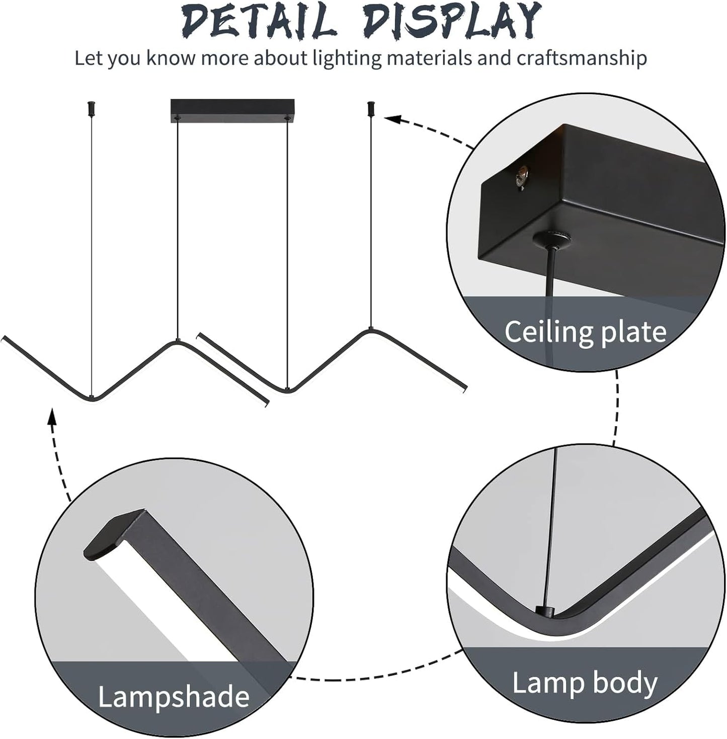 LED Modern Linear Pendant Lights, Dimmable LED Hanging Chandelier Fit Dining Room Kitchen Island, 3000K-6000K with Remote Contro Bright Light Fixture (Black, 47.2IN)