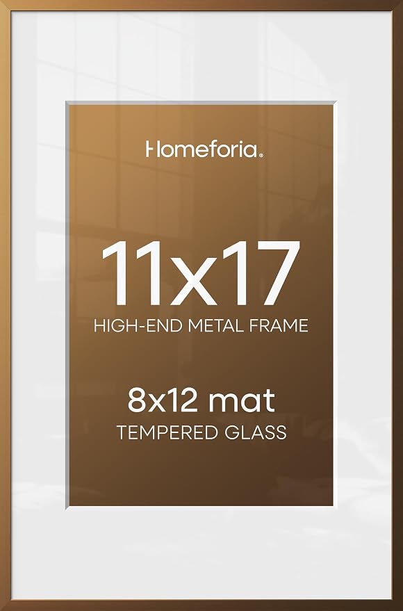 Homeforia 11x17 Bronze Picture Frame, High End Metal 11x17 Brass Poster Frames with Mat 8x12 for Photo, 11 x 17 Frame Matted to 8 by 12 inch Print, 17x11 Thin Frame, Tempered Glass, Wall Kit, Set of 3