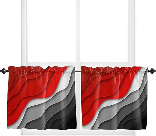 24 Inch Long Tier Curtains for Kitchen, Abstract Beach Aesthetic Grey to Red Gradient Bathroom Window Curtains Rod Pocket Short Curtains Window Treatment Tiers for Living Room Farmhouse 2 Panels