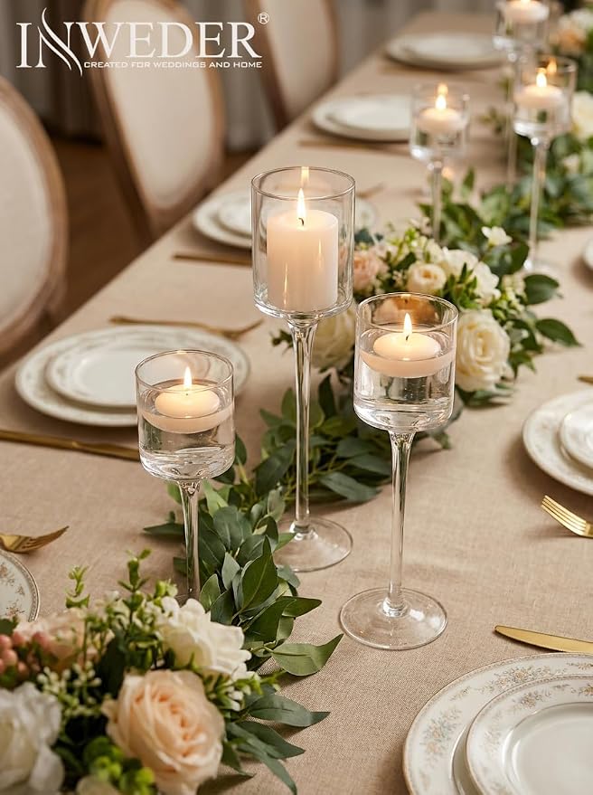Tall Glass Candle Holder: Long Stem Floating Candle Holders for Tealight Votive and Pillar Large Clear Centerpieces for Wedding Table Party Home Set of 3