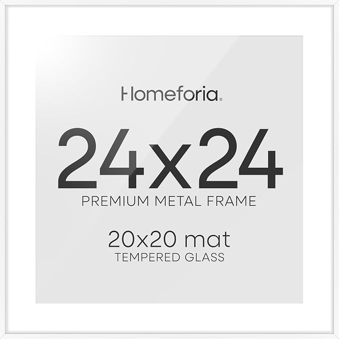 Homeforia 24x24 Picture Frame White, High End Metal 24 x 24 Large Square Poster Frame Matted to 20 x 20 in Photo, 24by24 Thin White Frames with Mat 20x20 inch Print, Tempered Glass, Wall Kit, Set of 2