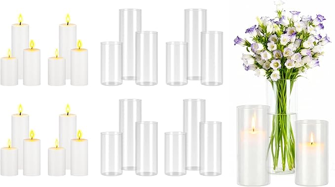 VEVOR Pillar Candles and Glass Vases Set 24 Pcs, Clear Cylinder Hurricane Candle Holders for Wedding Centerpieces, Tall Vase for Table Decor, Wedding Party, Thanksgiving,White (2.56" x 4.7",5.9",7.9")