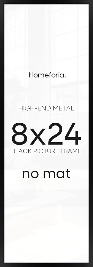 Homeforia 8x24 Black Panoramic Frame, High End Metal 8 x 24 Picture Frames without Mat, 24x8 Hanging Black Poster Frames for Wall, 8by24 inches Display Photo Frames, Tempered Glass, Wall Kit, Set of 1